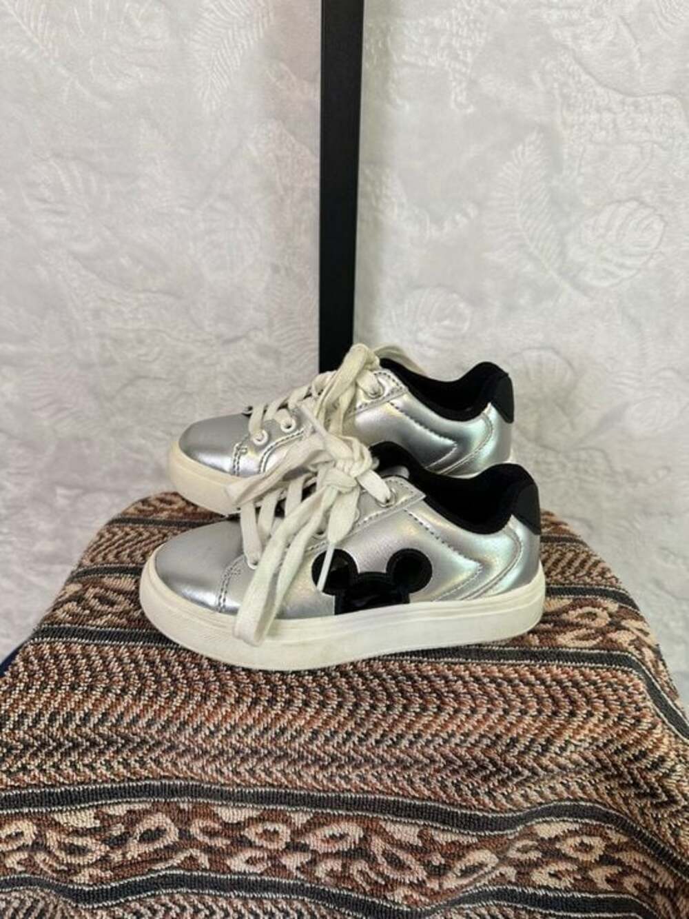 Disney Iridescent Silver Kids Sneakers with Black Mickey Accent